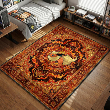Flareon standing amidst swirling flames and sun motifs in a traditional orange and gold pattern area rug and floor mat