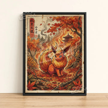 Flareon Maple Pokemon poster - framed canvas wall art in a black frame