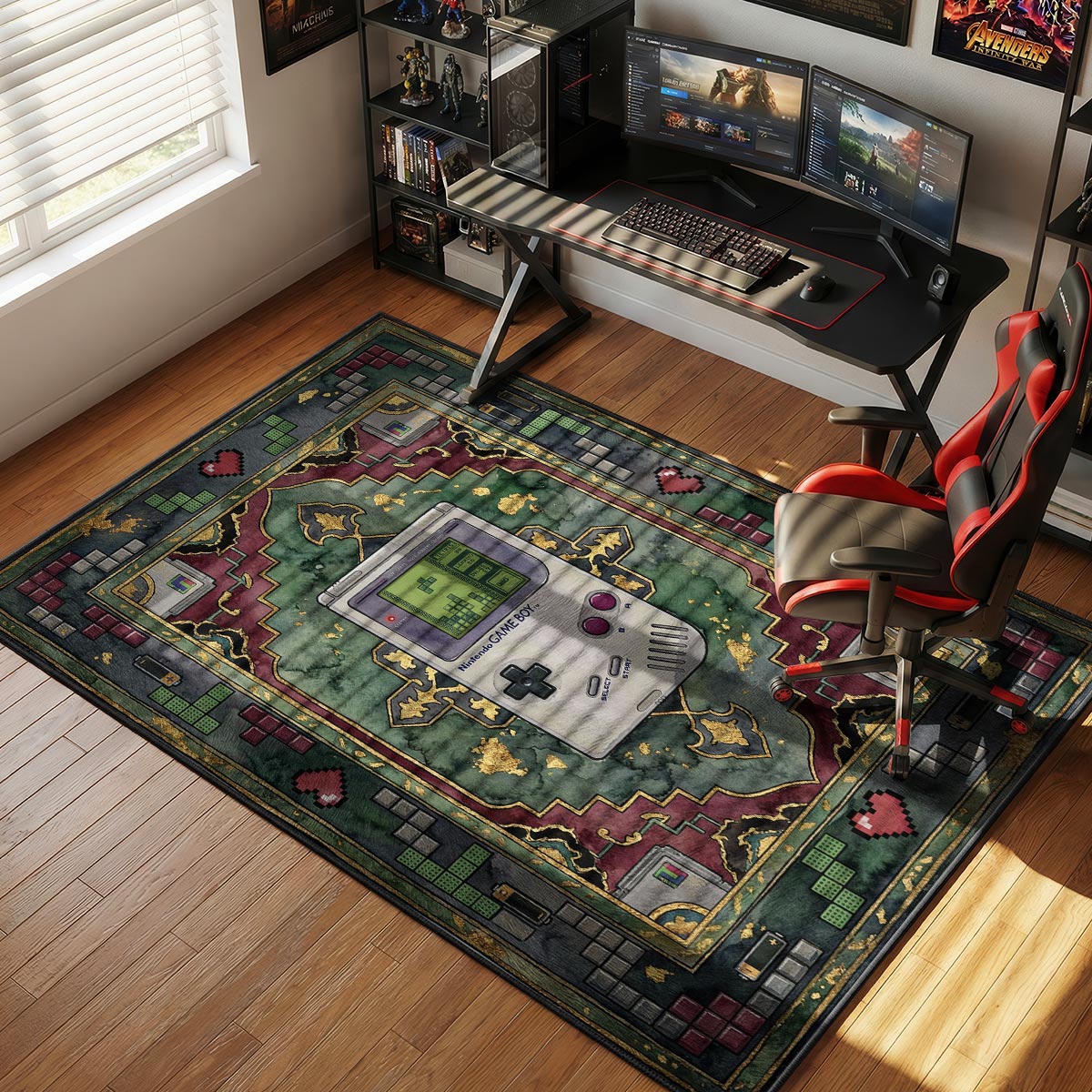 Floppy disk rug placed under a home office desk with vintage computing memorabilia