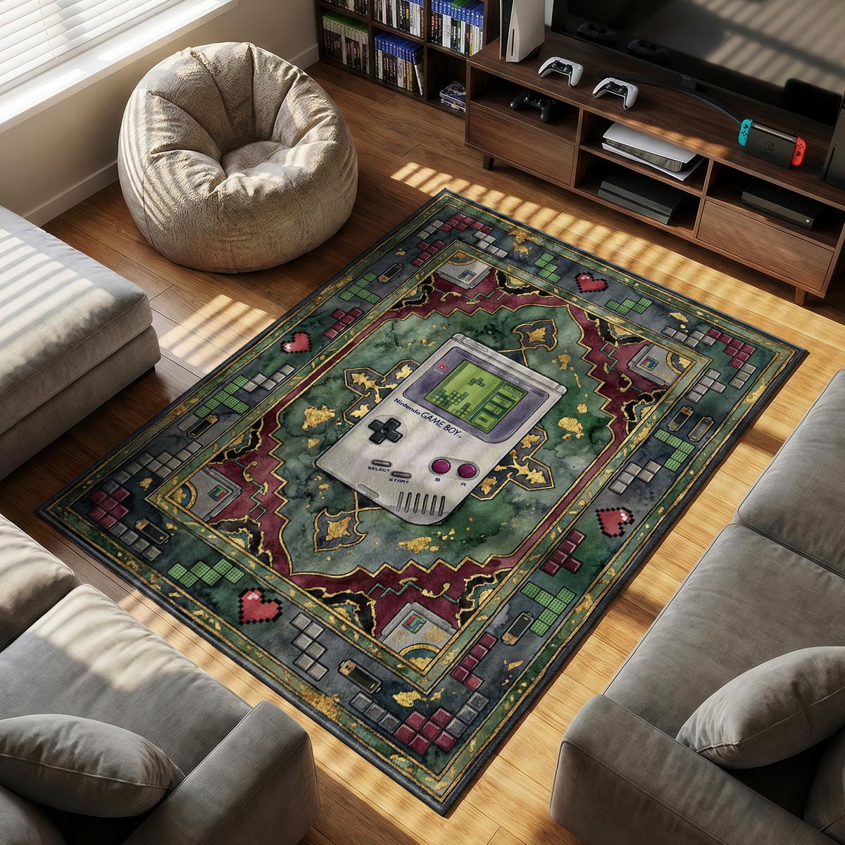 Detail of floppy disk rug showing metal slider and binary code texture on velvet surface
