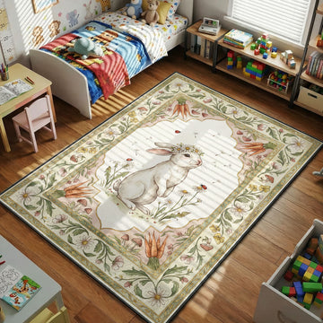 cute bunny floral garden meadow kids bedroom area rug