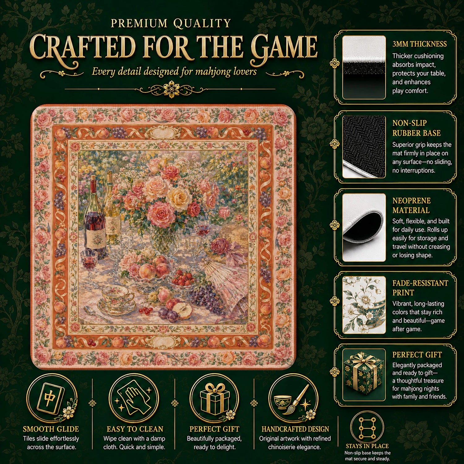 Floral Roses Mahjong Mat - Mah Jongg Table Mat