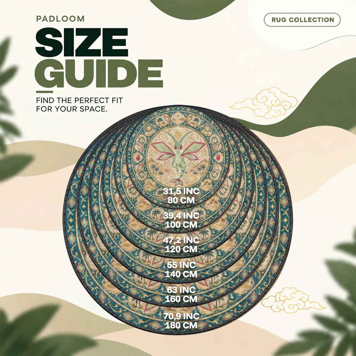 Flygon Hovering round rug size guide, 80 to 180 cm (31.5 to 70.9 in)