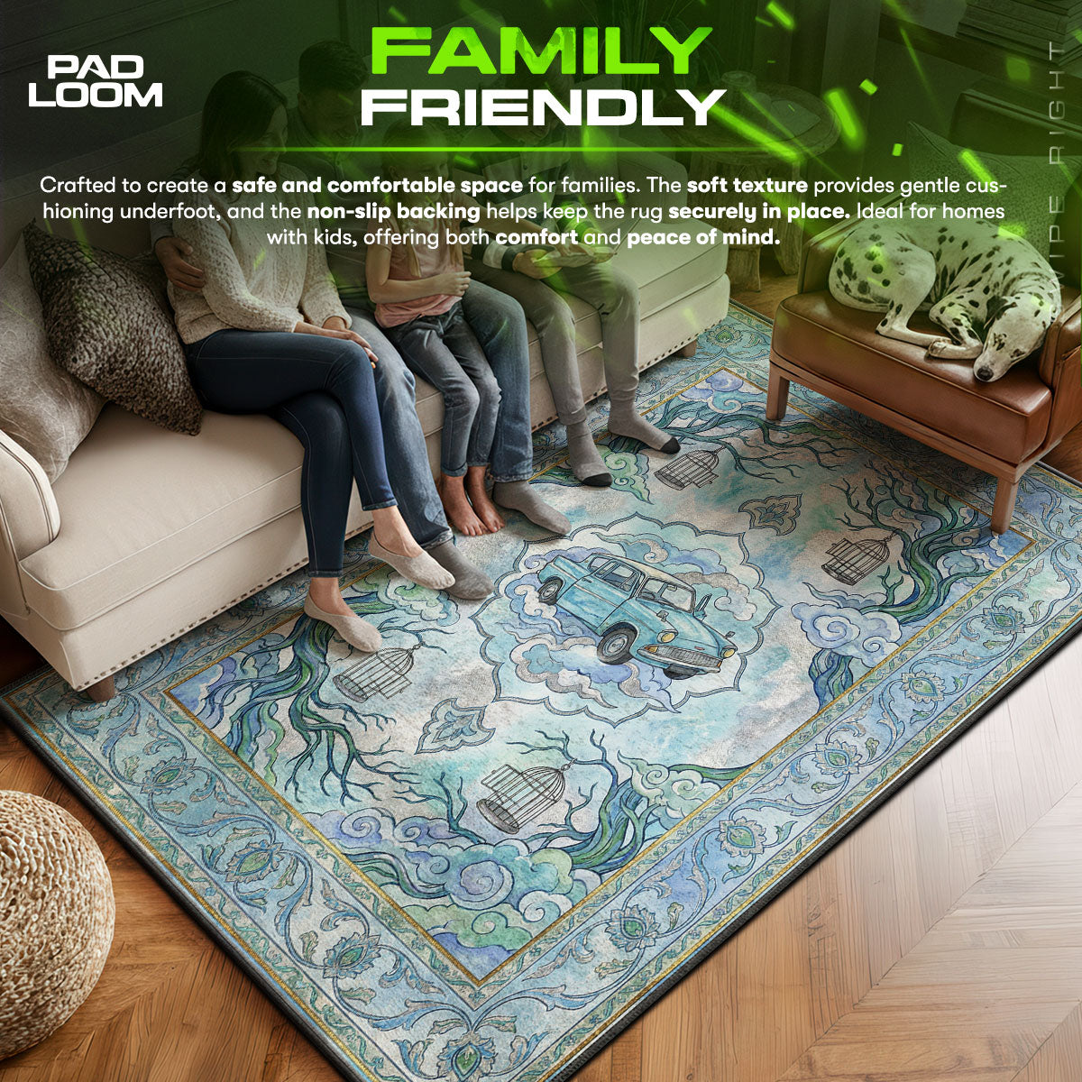 Flying area rug showing full home decor artwork