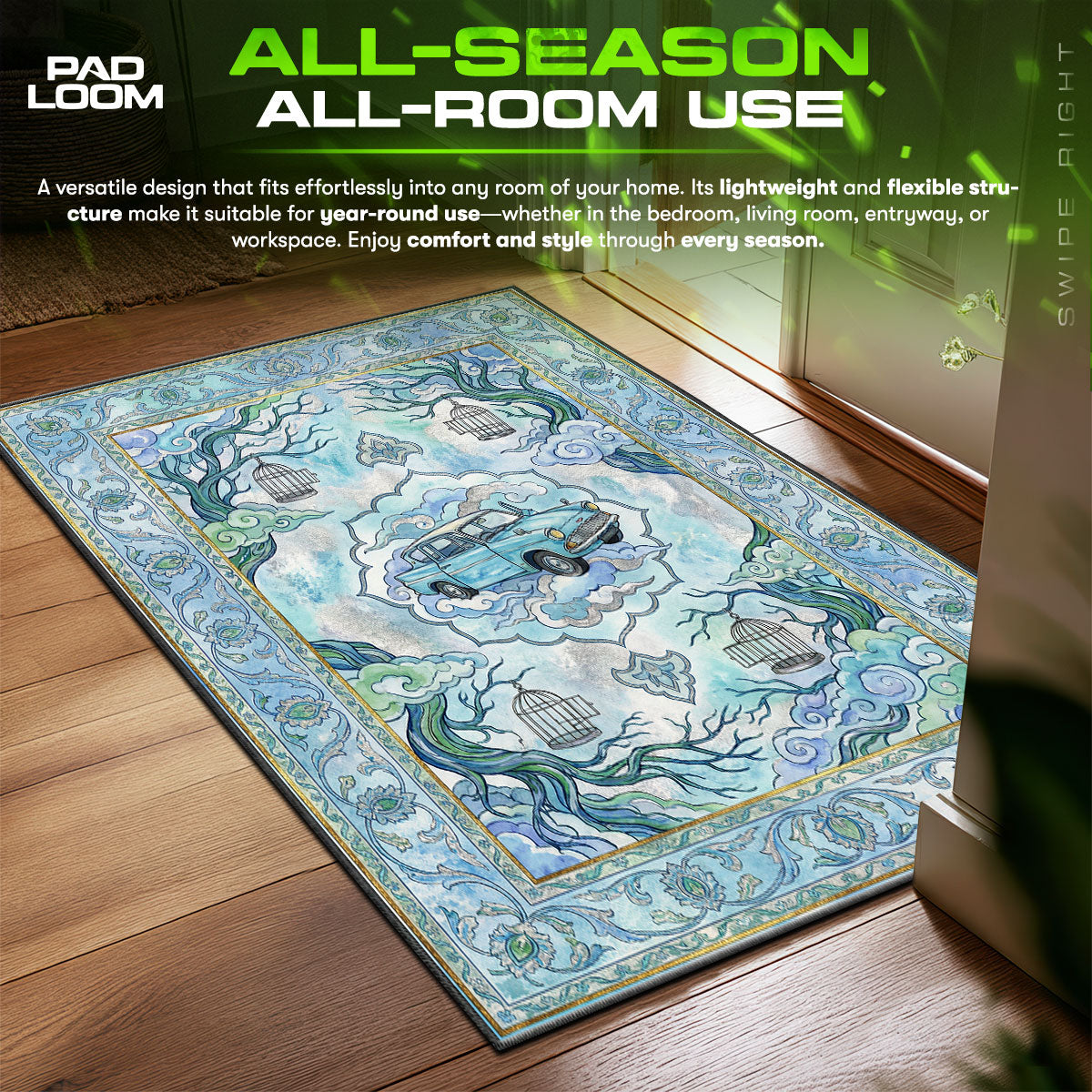 Flying Blue Car Whimsical Sky Harry Potter Room fan rug — premium quality print