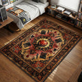 Glowing red apple held by a dark clawed hand surrounded by L symbols and feathers in vintage ornate area rug and floor mat