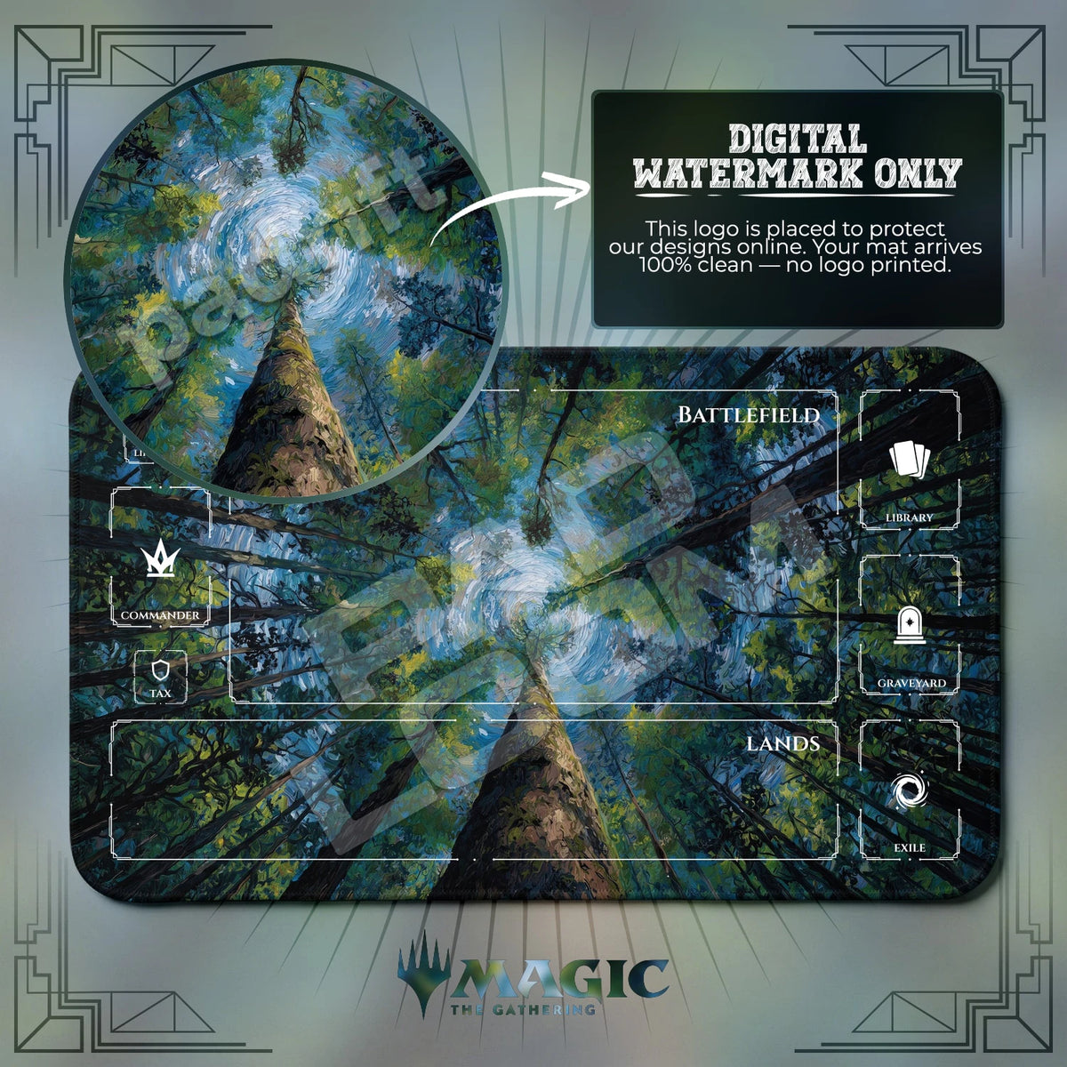 Forest Canopy Sky MTG playmat with zones; the Padloom watermark is digital only, not printed