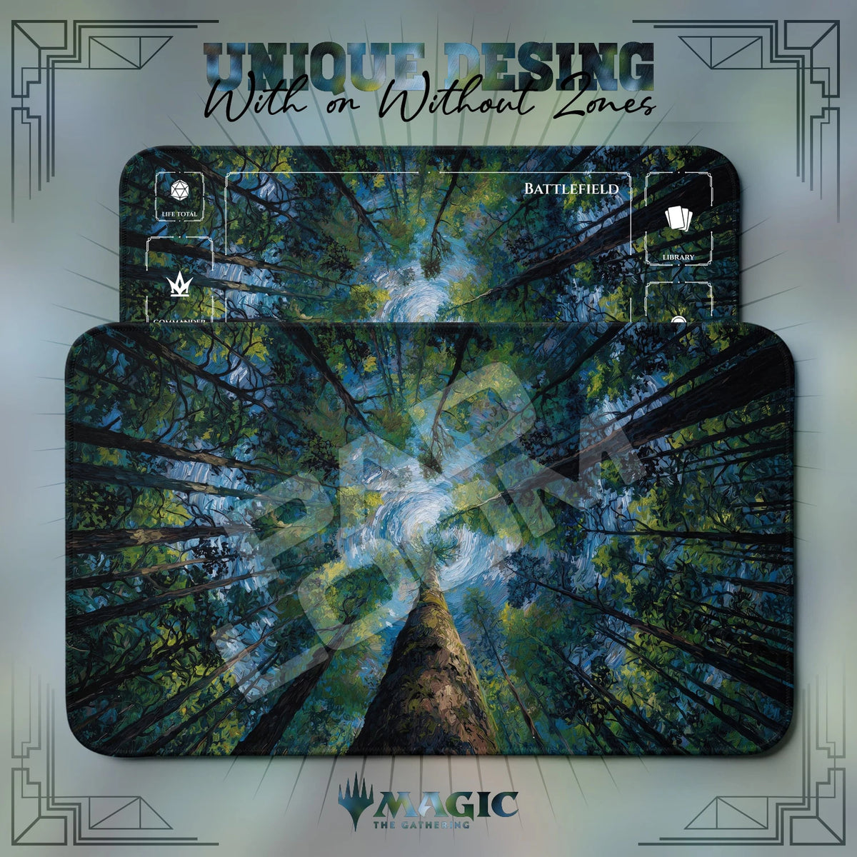 Forest Canopy Sky MTG playmat shown with zones and without zones