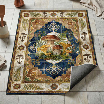 Porcini and chanterelle mushrooms kitchen mat with ferns on deep navy tile woodland border