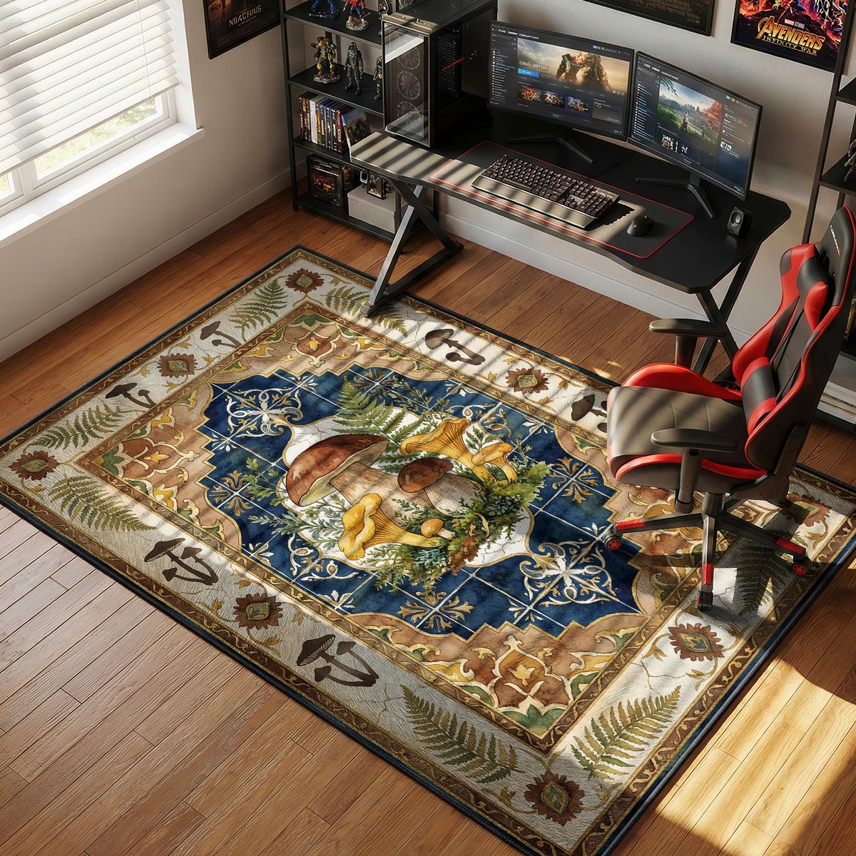 Forest mushroom kitchen rug on dark hardwood floor near a rustic wooden cutting board and herbs