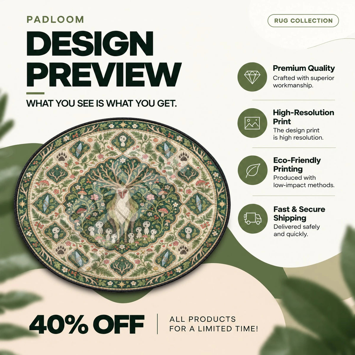 Forest Spirit Kodama Studio Ghibli round rug full design preview