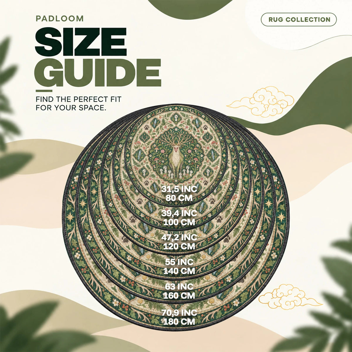 Forest Spirit Kodama round rug size guide, 80 to 180 cm (31.5 to 70.9 in)