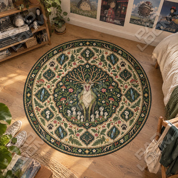 Forest Spirit Kodama Studio Ghibli round rug on a bedroom floor - Studio Ghibli chair mat