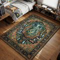 Forest Spirit Shishigami face with antlers and moon vintage Persian art style area rug and floor mat
