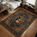Loid and Yor Forger silhouettes with Anya in the center in a teal and red Persian style area rug and floor mat