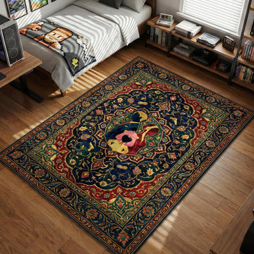 Loid and Yor Forger silhouettes with Anya in the center in a teal and red Persian style area rug and floor mat