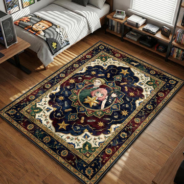 The Forger Family holding a Stella Star surrounded by peanuts and stars in a navy blue Persian style area rug and floor mat