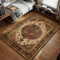 Founding Titan skeletal ribcage surrounded by ancient runes in a vintage parchment style area rug and floor mat