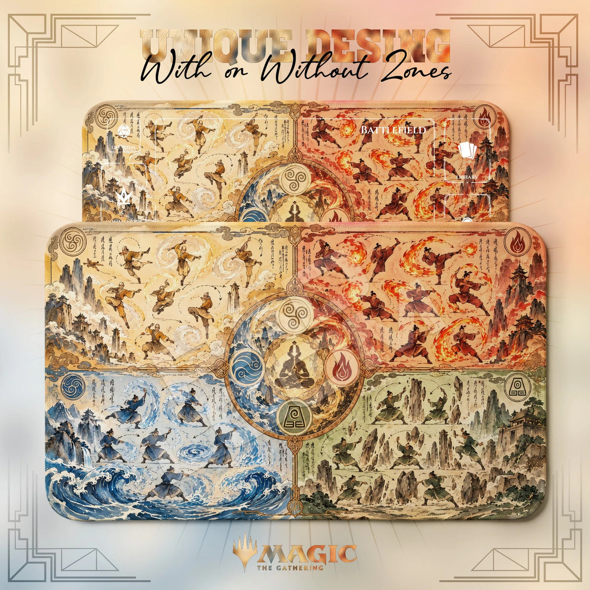 Four Nations Elements Avatar MTG playmat shown with zones and without zones