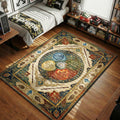Four Nations elemental symbols and White Lotus surrounded by flying bison and tea cups ornate tapestry art style movie themed area rug and home theater mat