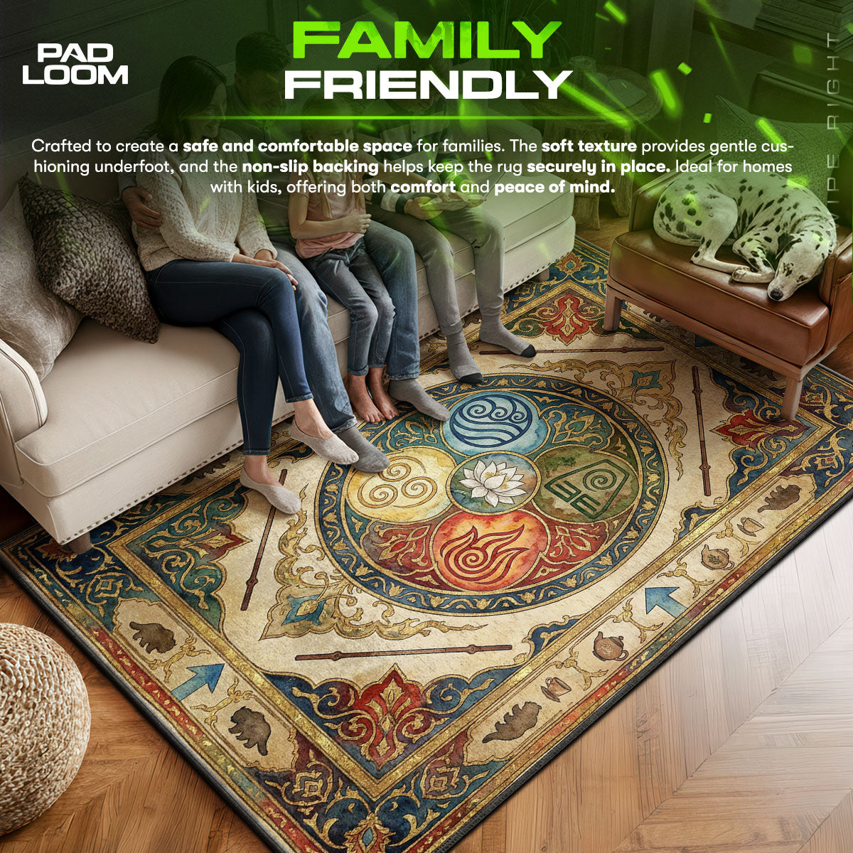 Four area rug showing full home decor artwork