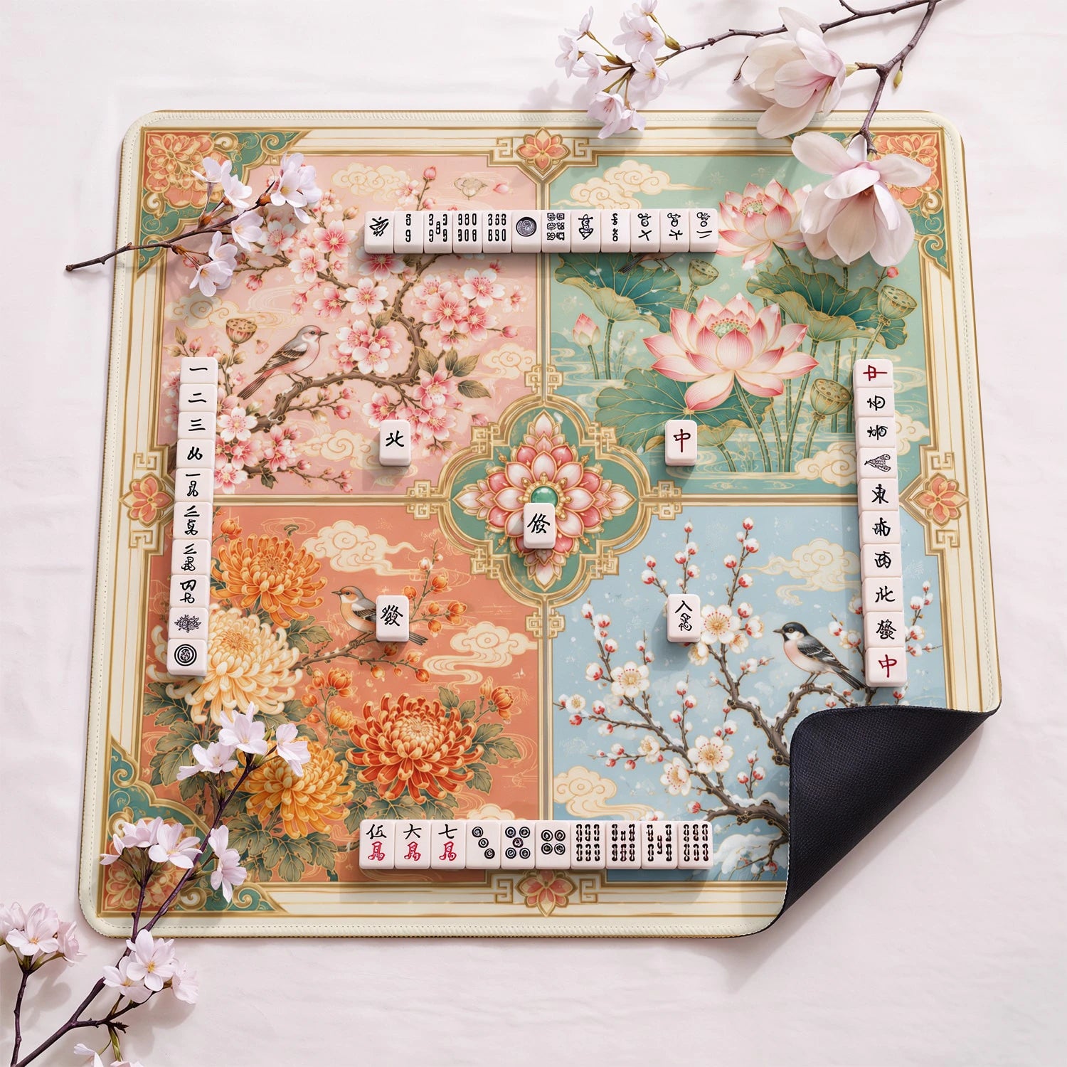 Four Seasons Panel design close-up on mahjong mat surface