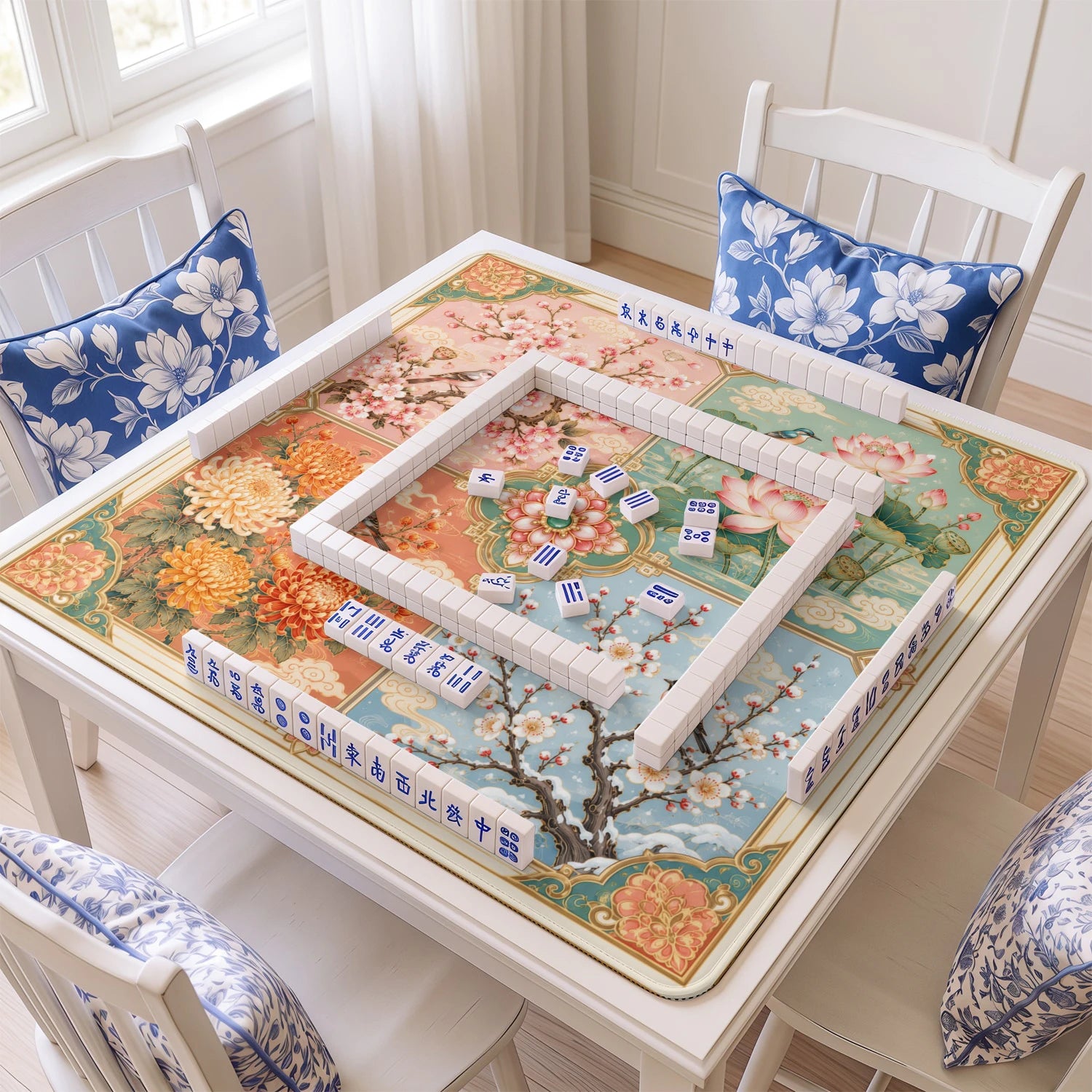 Four Seasons Panel mahjong mat with tiles and racks on the table
