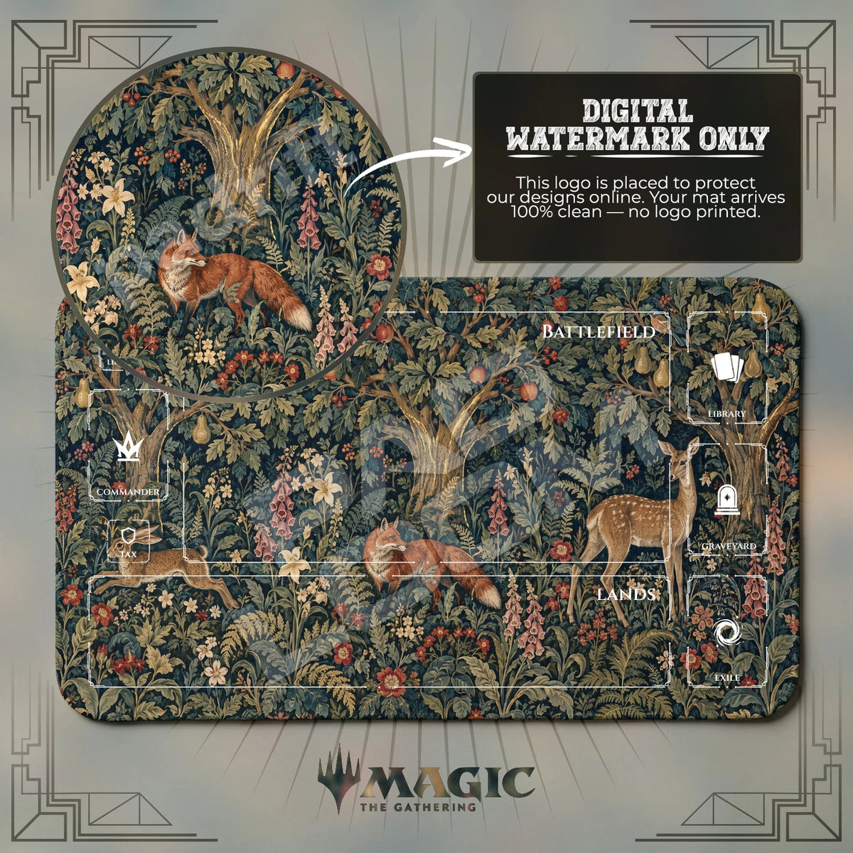 Fox Deer Orchard Tapestry MTG playmat with zones; the Padloom watermark is digital only, not printed