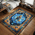 Fox McCloud standing inside blue hexagonal reflector shield with Arwing ships in a watercolor sci-fi style gaming area rug and floor mat