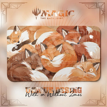 Fox Nap Pile MTG playmat, orange and beige art with play zones, 24 x 14 in