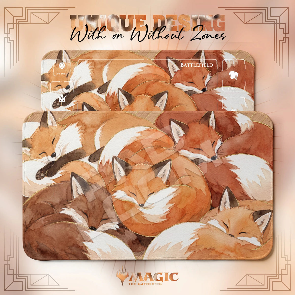 Fox Nap Pile MTG playmat shown with zones and without zones