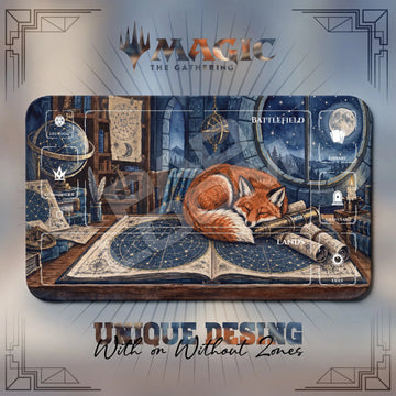 Fox Observatory MTG playmat, navy and gray art with play zones, 24 x 14 in