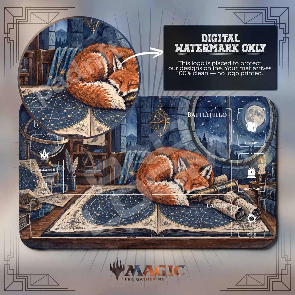 Fox Observatory MTG playmat with zones; the Padloom watermark is digital only, not printed