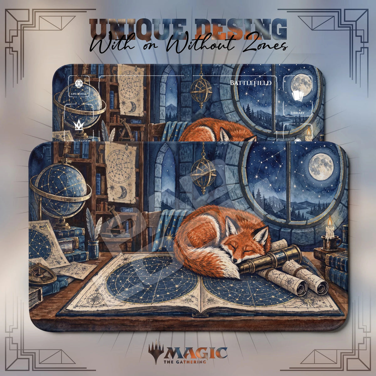 Fox Observatory MTG playmat shown with zones and without zones