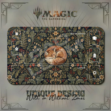 Fox Tapestry MTG playmat, yellow and gray art with play zones, 24 x 14 in