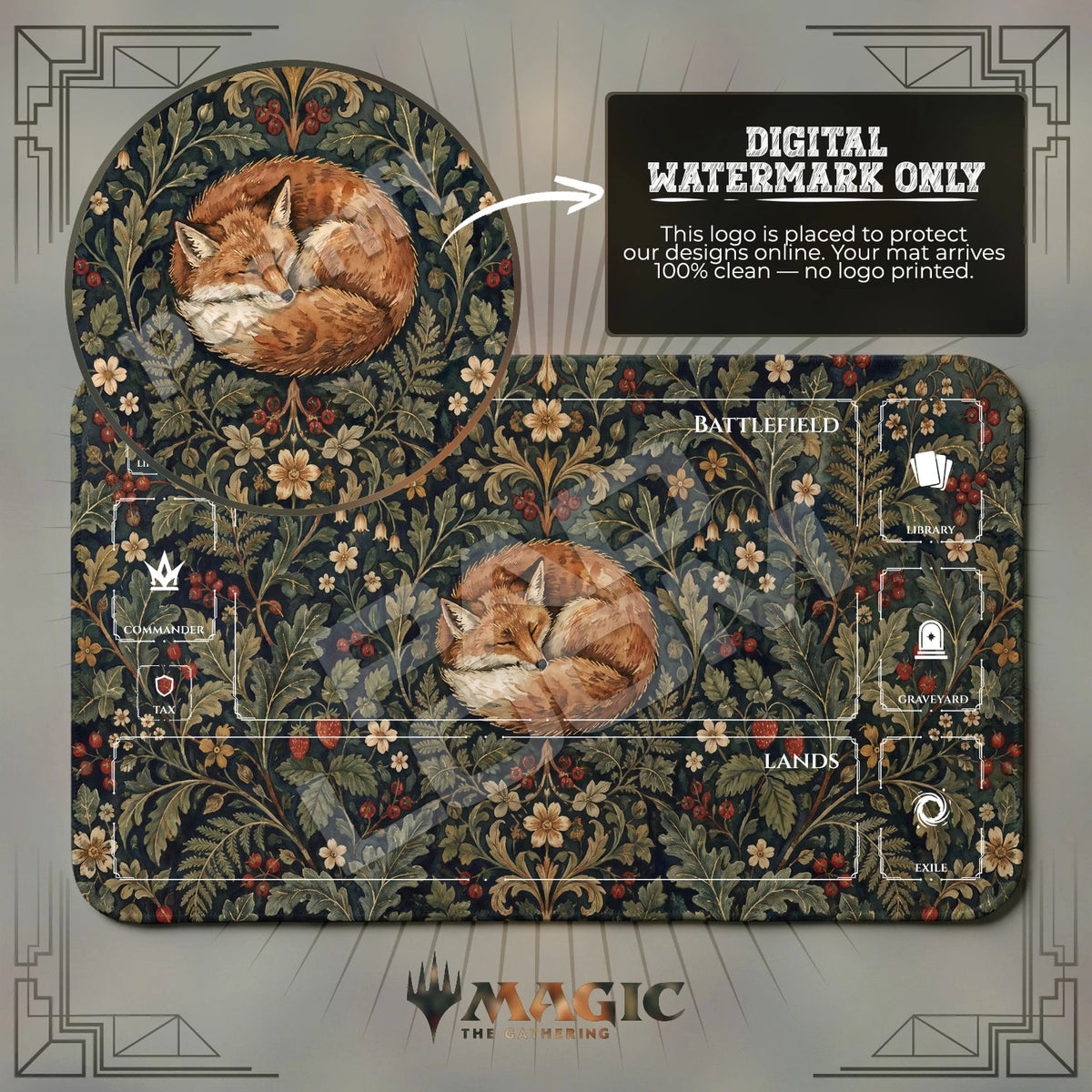 Fox Tapestry MTG playmat with zones; the Padloom watermark is digital only, not printed