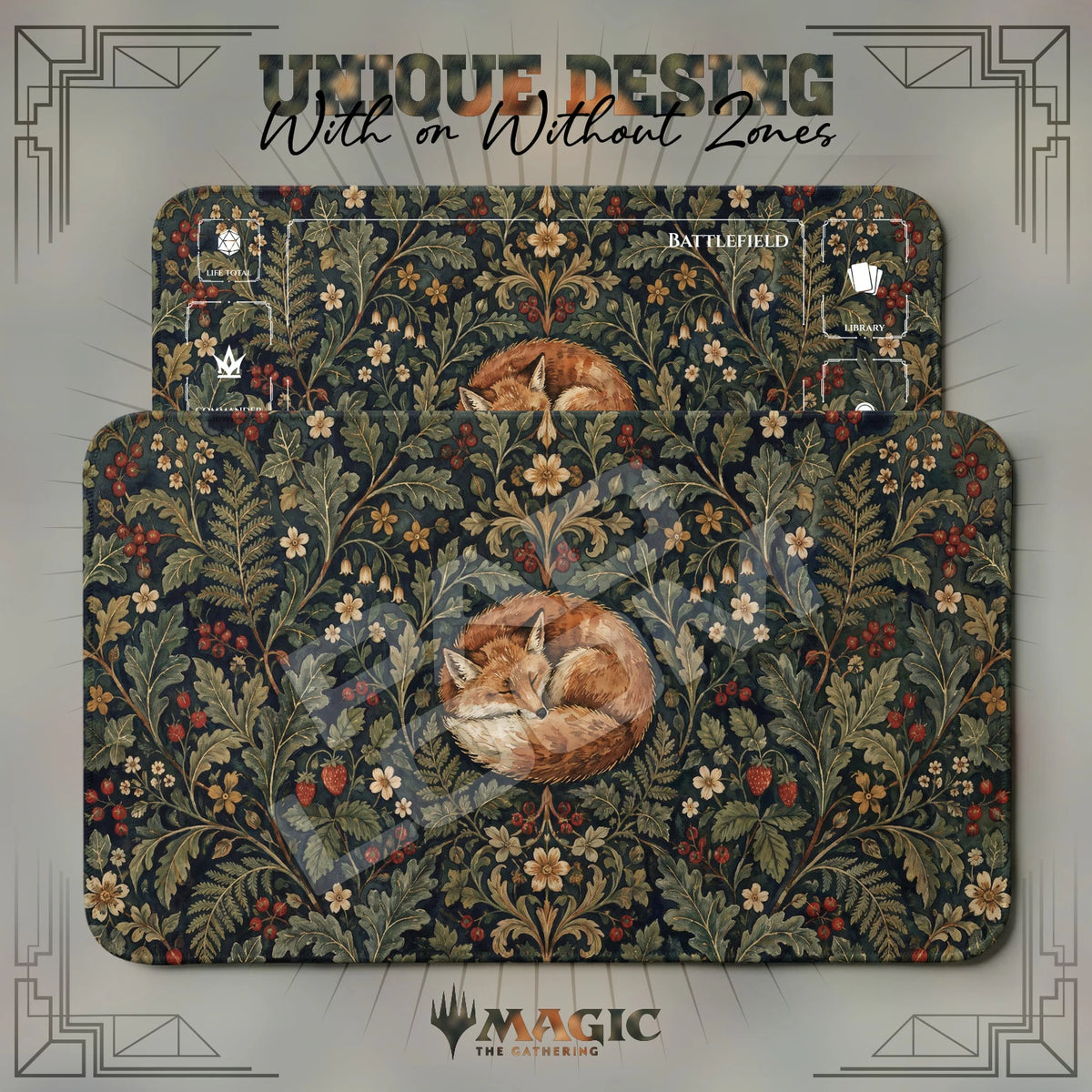 Fox Tapestry MTG playmat shown with zones and without zones