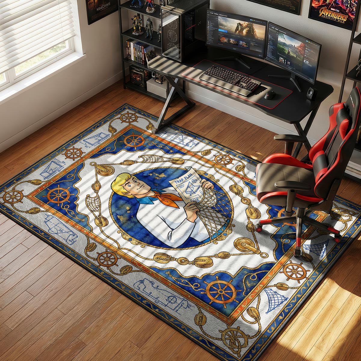 Fred trap plan rug placed in a home office with dark wood desk and brass desk lamp
