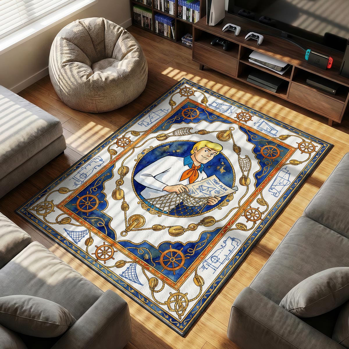 Close-up of Fred Jones area rug showing rope border detail and velvet dye-sublimation texture