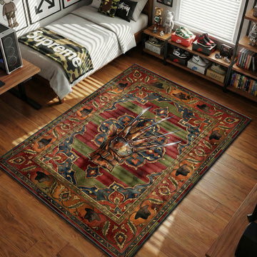 Freddy Krueger bladed glove resting on a red and green striped ornate oriental style movie themed area rug and home theater mat
