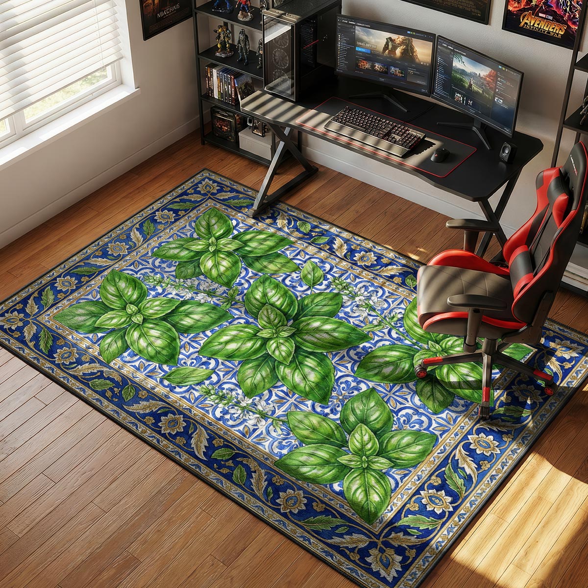 Fresh basil kitchen rug on white tile floor near a windowsill herb garden and olive oil bottle