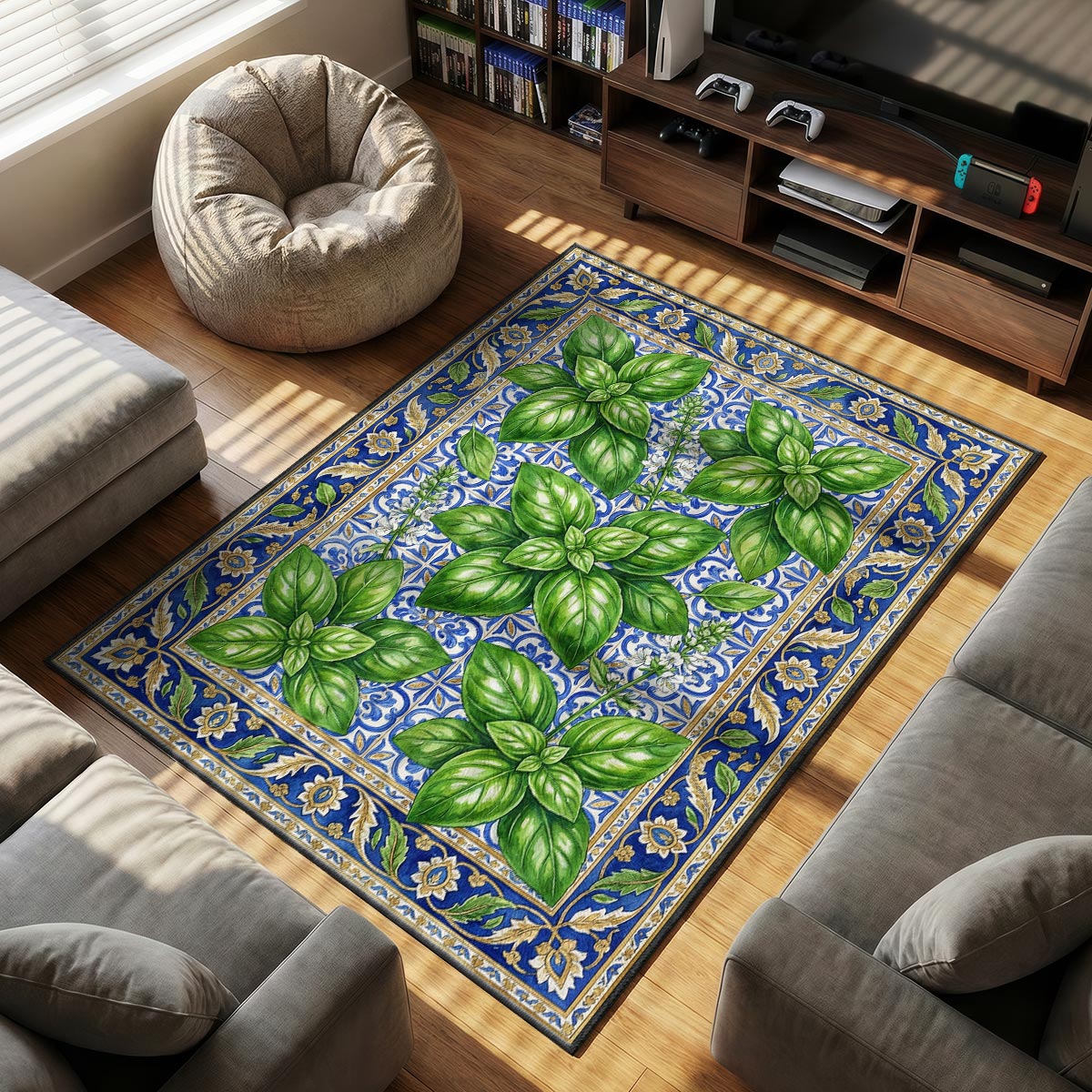 Close-up of basil mat showing glossy leaf vein detail and blue tile pattern on plush surface