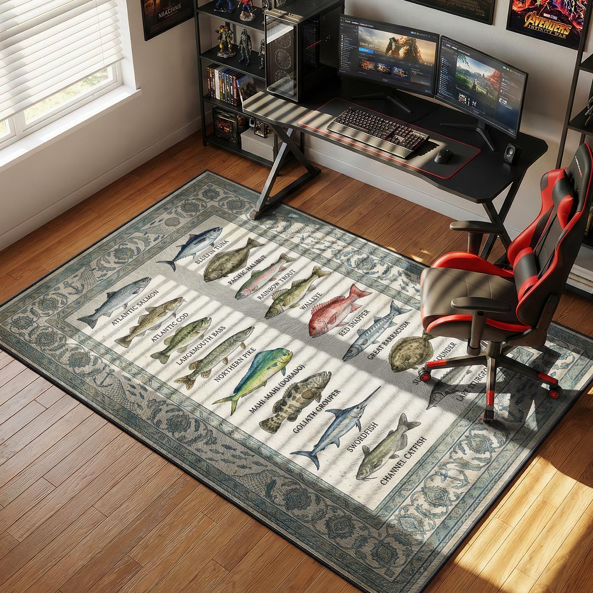 Fish species kitchen rug placed on white tile floor in a bright coastal-style kitchen