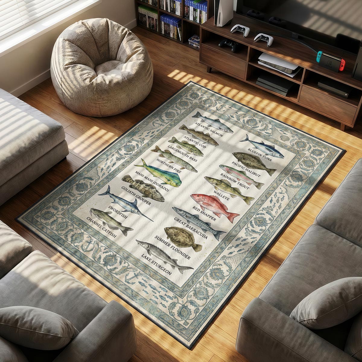 Close-up of fish guide mat showing rainbow trout scale detail and soft velvet fiber texture
