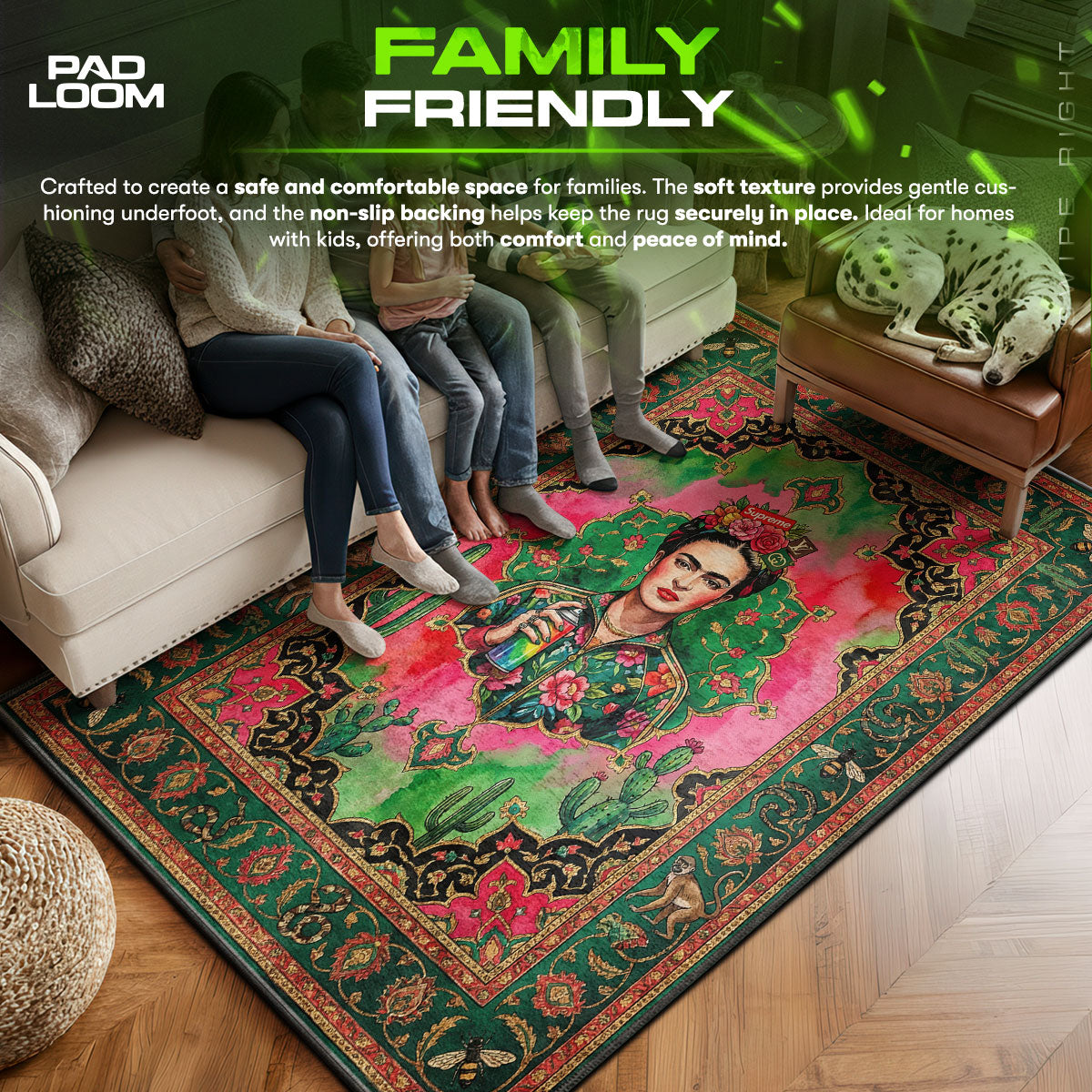 Frida area rug showing full home decor artwork