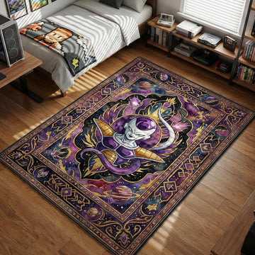 Frieza final form in vintage cosmic purple and gold celestial design with planetary border area rug and floor mat