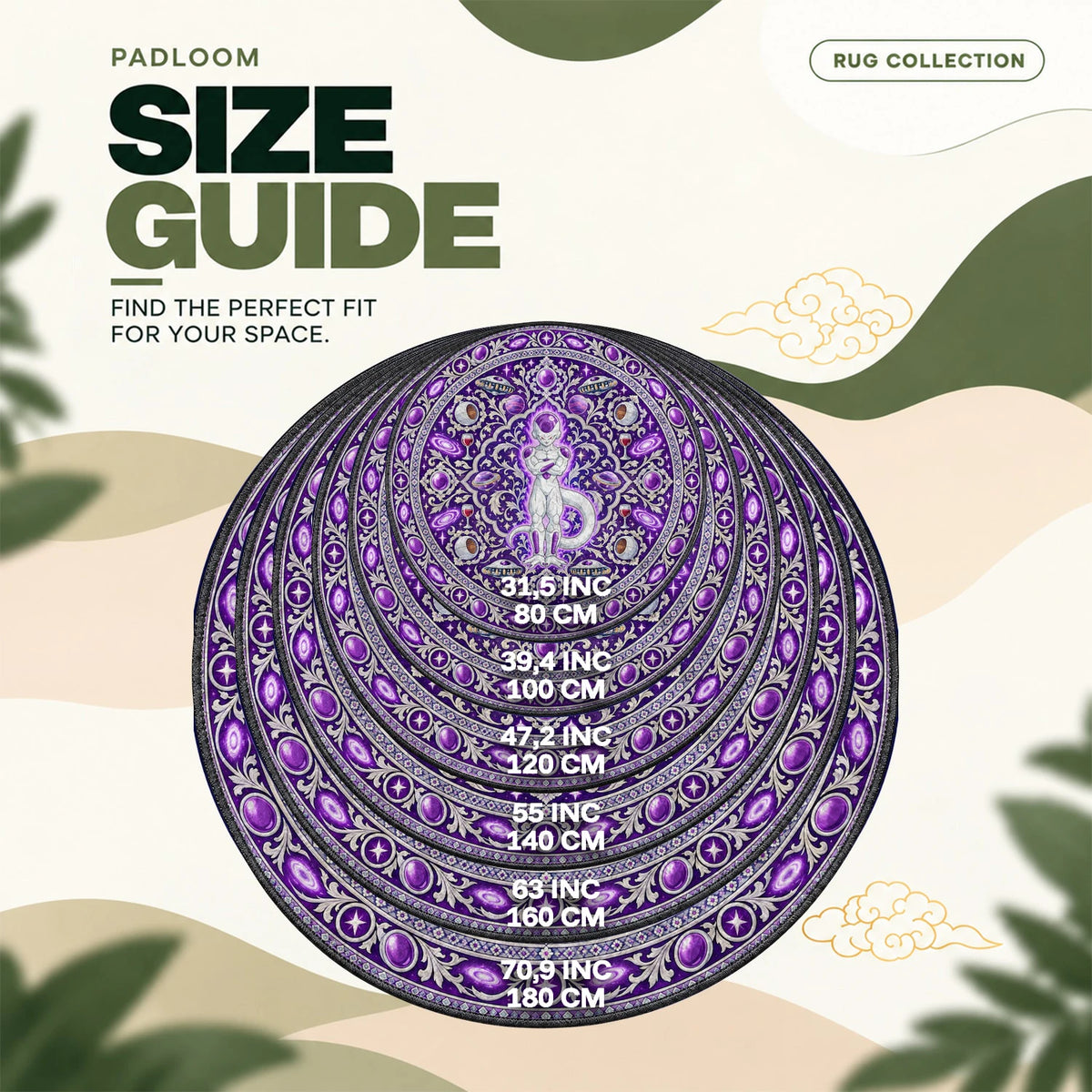 Frieza Galaxy round rug size guide, 80 to 180 cm (31.5 to 70.9 in)