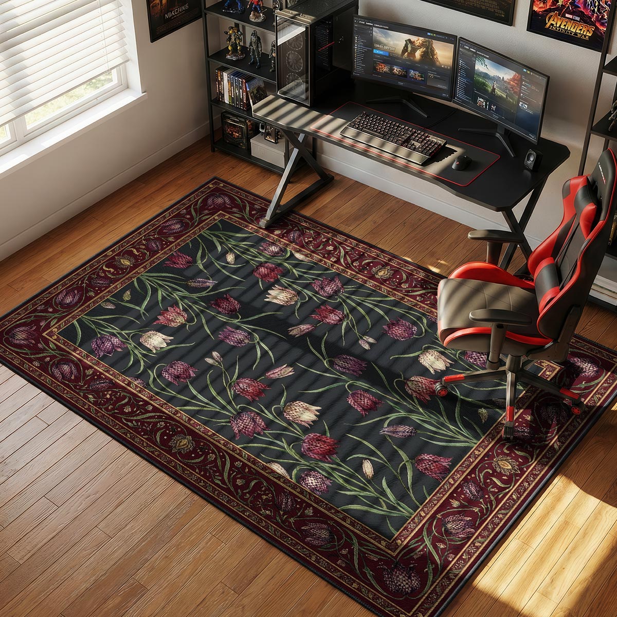 Fritillary rug placed in a moody bedroom with dark wood bedframe and warm brass table lamp