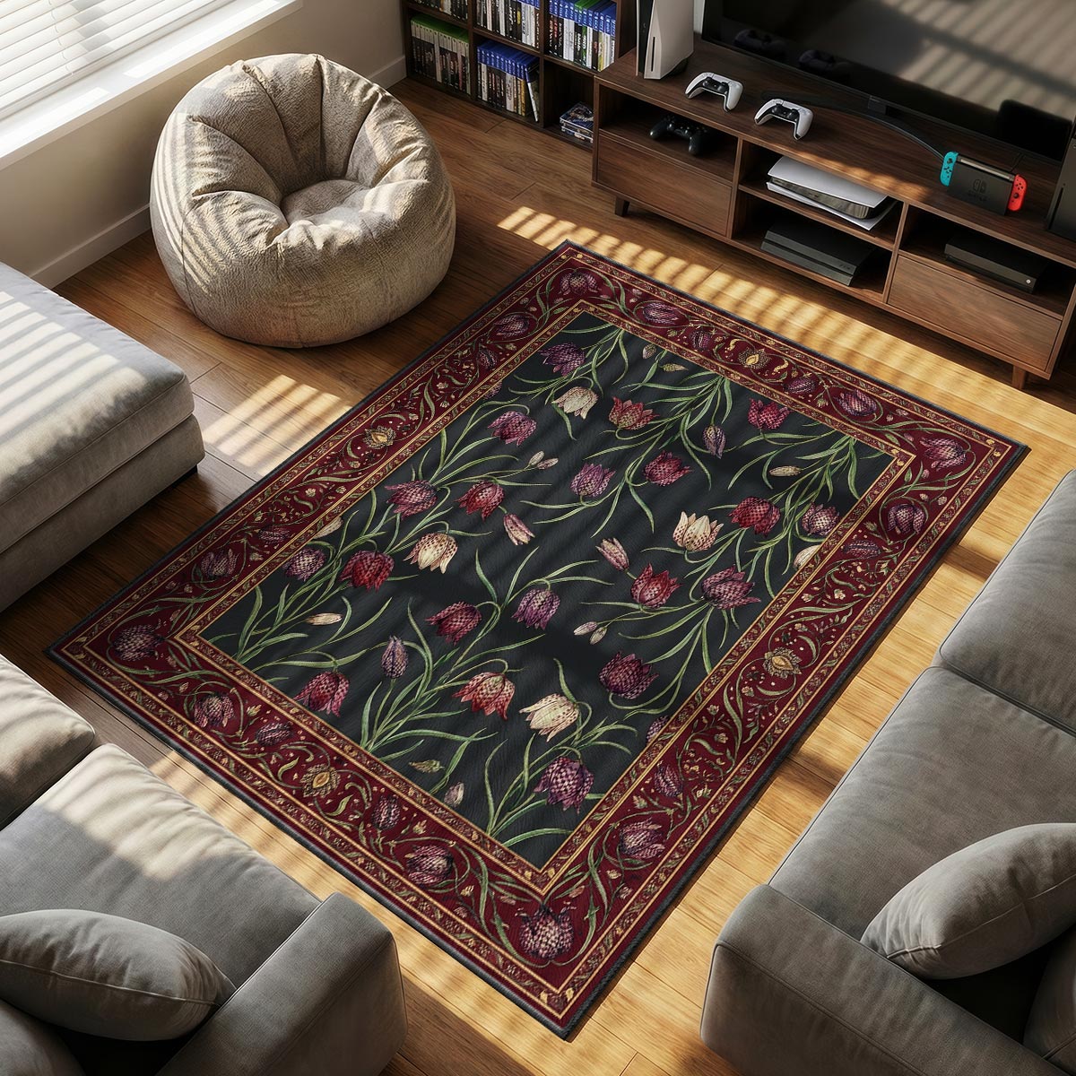 Close-up of fritillary bell rug showing checkered petal pattern and gold leaf rosette border detail