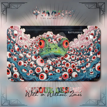 Frog Eyeball Sea MTG playmat, gray and red art with play zones, 24 x 14 in